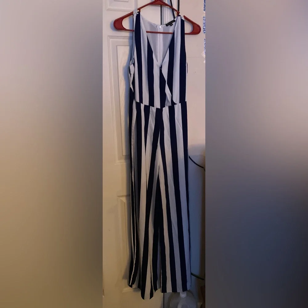 Shinestar NAVY and White Striped Jumpsuit with Bust Button and Zipper - Picture 4 of 5